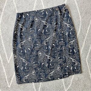 Rum Runner Navy Blue Paisley Silk Wrap Pencil Skirt